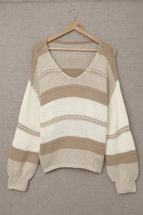 V-Neck Knitted Lantern Sleeve Pullover Sweater